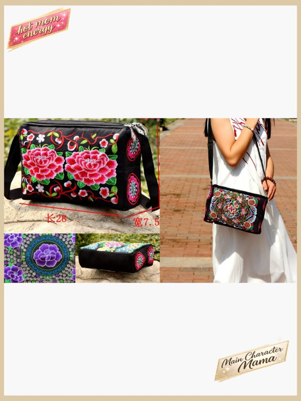 Vintage Embroidered Hobo Crossbody Bag Boho Hippie Travel Purse Zipper Pockets - Picture 7 of 7
